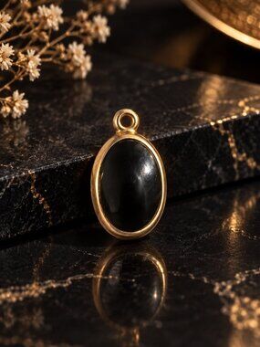 Vintage Anne Klein Gold Tone & Black Cabochon Oval Pendant / Charm